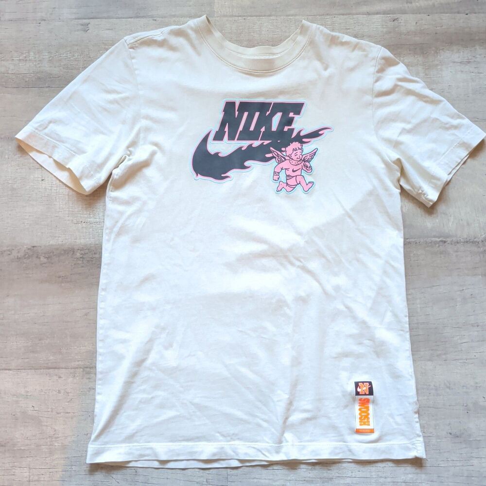 Nike Graphic T-Shirt Off White Cream Cherub Cupid Flame Swoosh Size S